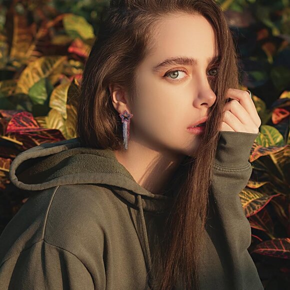 Women Jewelry | Red White | Blue Plexi Double Star | Drop Dangle Post Earrings - Picture 4 of 6